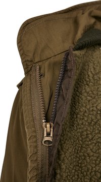 Olive green jacket with a textured fleece lining, featuring a visible zipper, and exterior fabric, partially unzipped to reveal inner details.