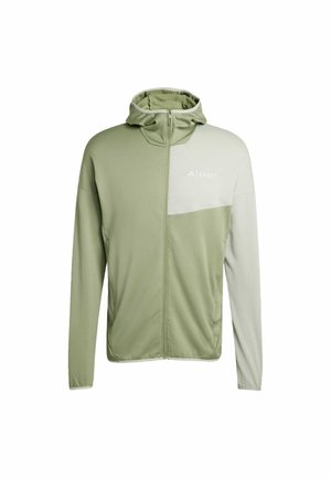 Green and light gray full-zip hooded jacket with long sleeves and "TERREX" logo on the chest panel.