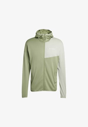 Zelená a světle šedá bunda s kapucí na zip, dlouhými rukávy a logem "TERREX" na předním panelu.