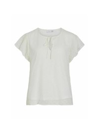 Blusa bianca con maniche corte a volant, scollatura tonda e dettaglio con fiocco davanti. Il tessuto testurizzato presenta piccole puntinature in rilievo.