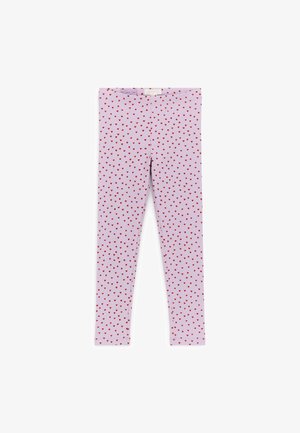 Ljubičaste helanke s cijelim uzorkom malih crvenih srca, dužine do gležnja, s uskim elastičnim pojasom.