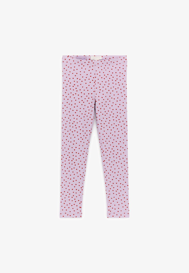 Leggings lilas avec un motif de petits cœurs rouges partout, longueur cheville, et une taille élastique ajustée.
