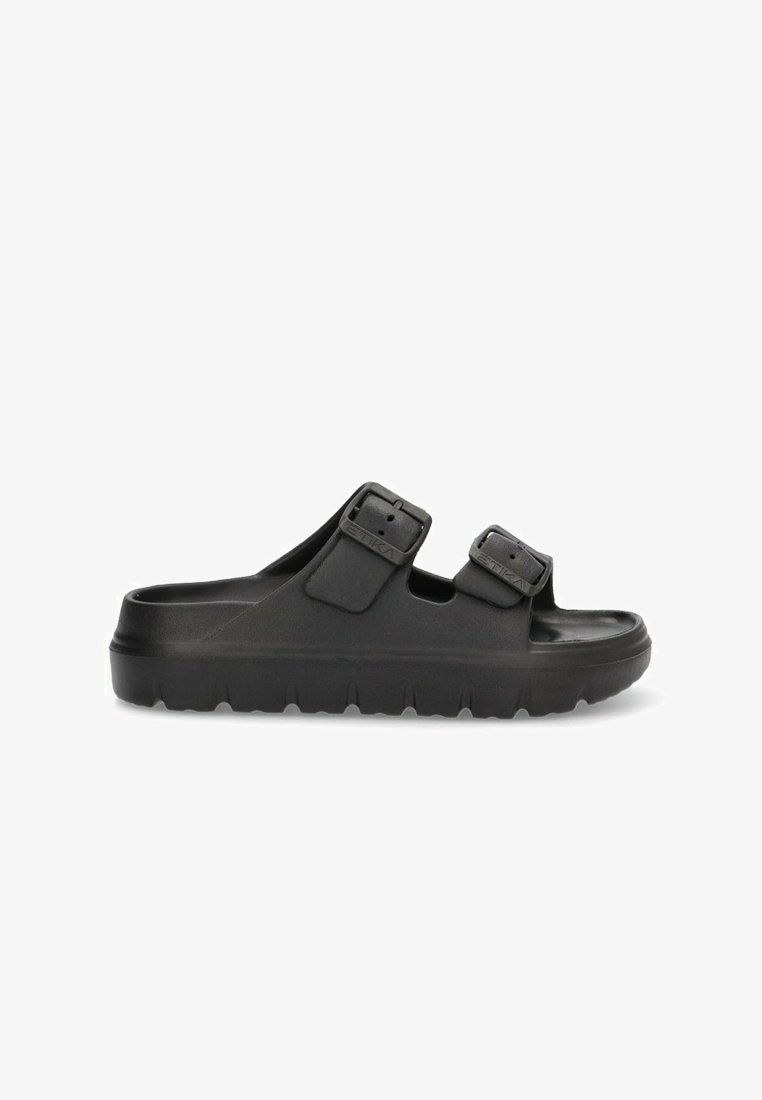 Chancla negra hecha de un material suave similar al caucho, con dos correas ajustables con hebillas y una suela gruesa y texturizada.