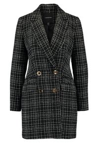 Black and white checkered double-breasted blazer with gold-tone buttons and deep notched lapels, featuring a textured fabric.