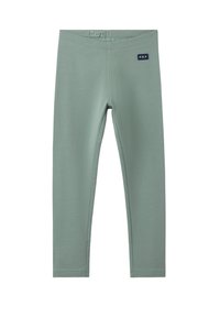 Groene katoenen leggings met een gladde textuur, slim fit en een tailleband met een knoop. Bevat een marineblauw label met "P.O.P" branding.