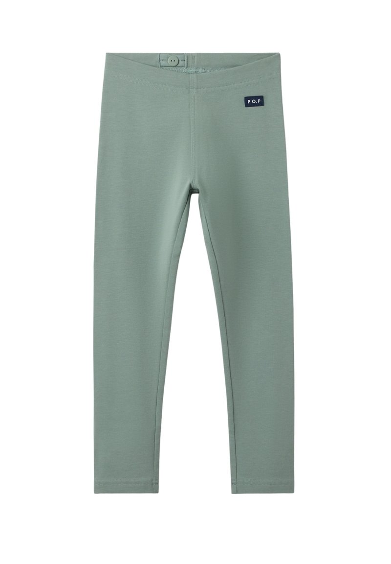 Groene katoenen leggings met een gladde textuur, slim fit en een tailleband met een knoop. Bevat een marineblauw label met "P.O.P" branding.