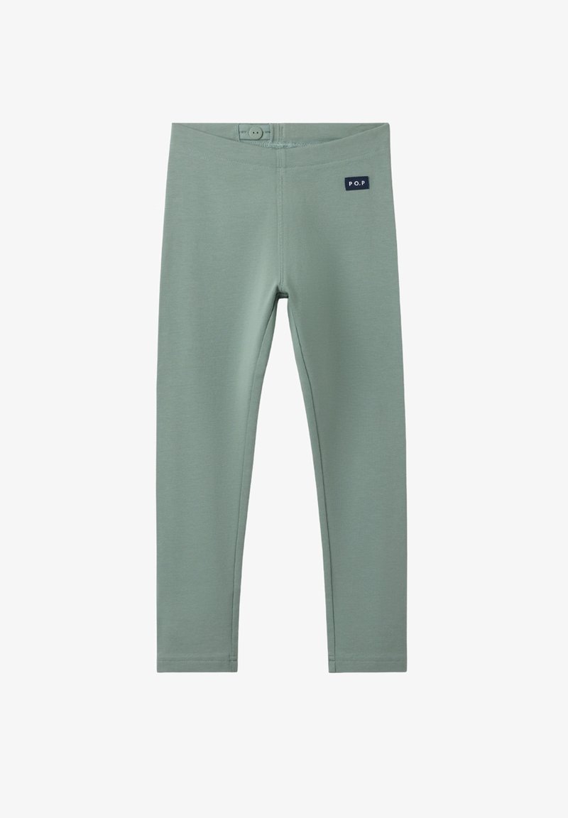 Groene katoenen leggings met een gladde textuur, slim fit en een tailleband met een knoop. Bevat een marineblauw label met "P.O.P" branding.