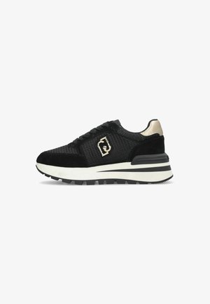 Black and gold men's sneaker with mesh and suede upper, gold logo on side, and white sole with black accents.