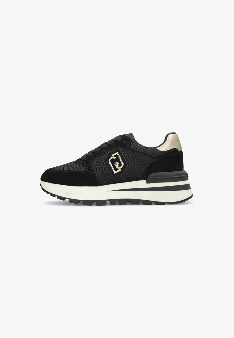 Czarno-złote męskie sneakersy z siateczkowym i zamszowym chwytem, złote logo z boku oraz biała podeszwa z czarnymi akcentami.