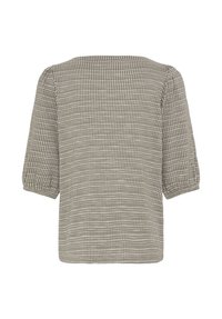 Blouse à carreaux marron avec de courtes manches à volants, un décolleté carré et un motif tissé texturé, présentant une coupe décontractée et une longueur cropped.