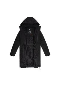 Czarny pikowany długi płaszcz z kapturem, zapinany na zamek, z elastycznymi mankietami i gładkim, miękkim wnętrzem. Na metce widoczne wyraźne logo.
