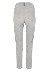 Gestreepte slim-fit broeken met een grijs-wit patroon, twee achterzakken en een elastische tailleband voor comfort.