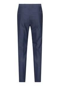 Marineblaue, maßgeschneiderte Hosen mit glatter Textur, ausgestattet mit zwei Gesäßtaschen und einem eleganten, geraden Schnitt.