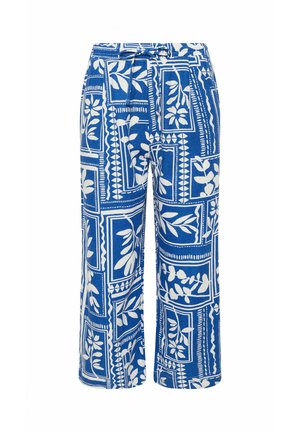 Pantalon bleu à jambes larges avec des motifs géométriques blancs et des feuilles, taille à cordon.