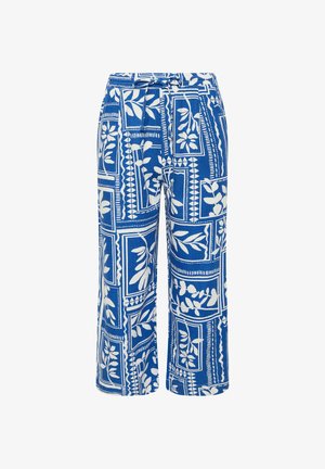 Pantalon bleu à jambes larges avec des motifs géométriques blancs et des feuilles, taille à cordon.