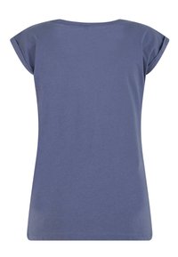 Modré bavlněné tričko s krátkými cap-sleeves, kulatým výstřihem a hladkou strukturou. Vyznačuje se jednoduchým, nezdobeným designem.