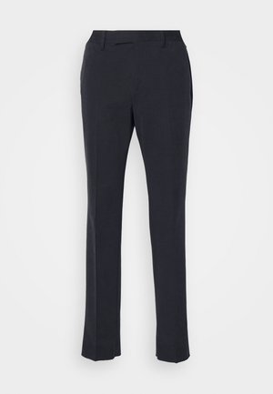 Navy blue trousers made of a smooth fabric, featuring a straight-leg design, front pockets, and a flat waistband without visible closures.