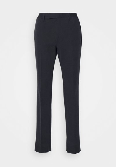 Marineblaue Hose aus einem glatten Stoff, mit einem geraden Bein-Design, Fronttaschen und einem flachen Bund ohne sichtbare Verschlüsse.