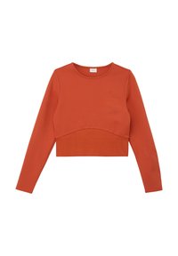 Geknipte lange mouwen top in een diepe oranje tint. Gemaakt van een gladde stof met een geribbelde ondersectie. Eenvoudige ronde halslijn en een getailleerd ontwerp.
