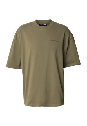 Olivovo zelené oversized tričko z bavlny, s okrúhlym výstrihom, krátkymi rukávmi a jemným sivým logom na hrudi.