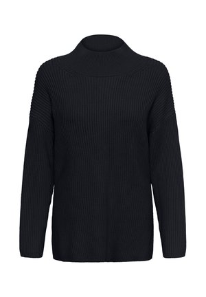 Pulover negru tricotat gros, cu mâneci lungi și guler înalt de tip mock neck, având o textură riglată și o croială lejeră.