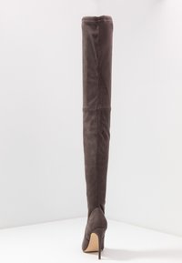 Stivale over-the-knee grigio in suede con tacco a spillo e punta affusolata su uno sfondo bianco.