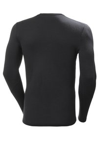 Zwarte langekorte mouw shirt van gladde stof. Heeft een ronde halslijn en aansluitende mouwen, zonder zichtbare patronen of accenten.