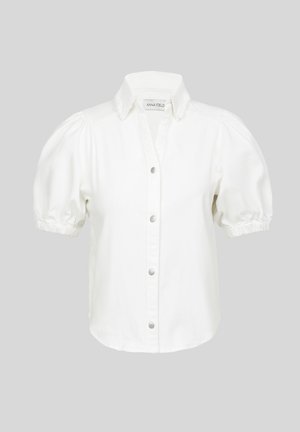 White short-sleeved blouse with puffed sleeves, button-up front, and a collared neckline. Made of a soft fabric with a smooth texture.