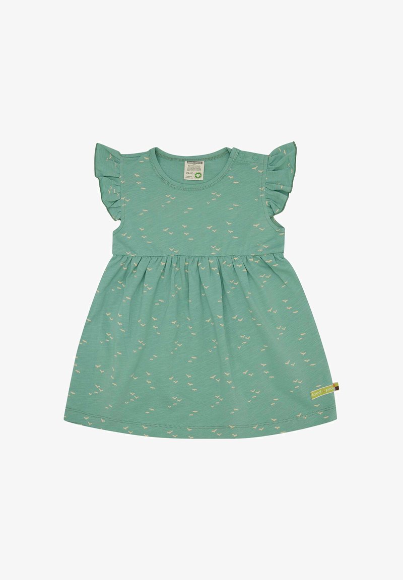 Mintgrünes Kleid mit kurzen, rüschenbesetzten Ärmeln. Es hat einen taillierten Oberteil und einen gefalteten Rock, der mit kleinen weißen Vogelmustern verziert ist.