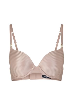 Gevoerde beha in een zachte beige tint met dunne verstelbare bandjes, met een geribbelde textuur en een haak-en-oogsluiting op de rug.