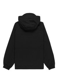 Sort hættetrøje med elastiske manchetter, letvægtsstof og en glat tekstur. Har et enkelt, minimalistisk design uden synlige lukninger.