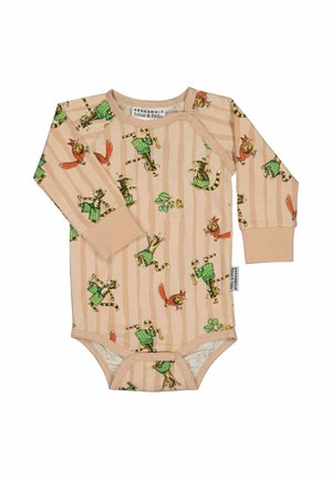 Beige bodystocking med lange ærmer og lodrette striber, med illustrationer af grøntklædte katte og røde egern, og trykknapper ved skulder og skridt.