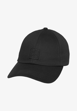 Black baseball cap made of sturdy fabric, featuring a flat brim and an embroidered logo patch in a square on the front.