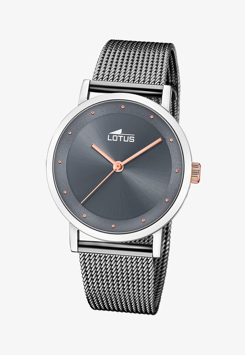 Montre ronde Lotus avec un cadran gris foncé, des accents en or rose et un bracelet en maille d'acier inoxydable. Dotée d'une finition brossée et d'un design minimaliste.