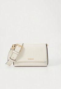 Valge nahast üle õla kantav kott kullatooni kinnitusega, millel on eemaldatav rihm ja ees peen logo. Kompaktne ristkülikukujuline disain.