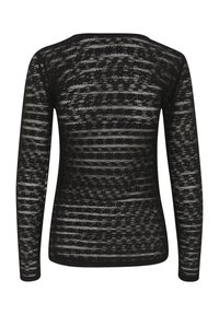 Zwarte longsleeve top met een gestructureerd streeppatroon en gevarieerde bloemmotieven, gemaakt van een lichte, doorzichtige stof.