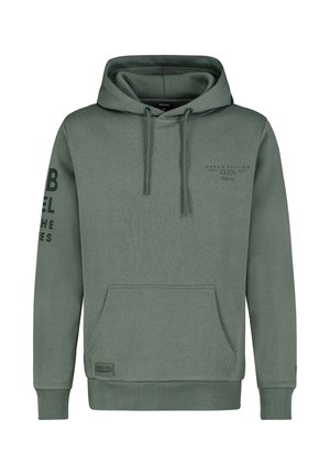 Hooded sweatshirt in olive green, cotton blend fabric. Features a front pocket, ribbed cuffs, and printed text on the sleeve and chest.