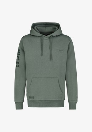 Kapuzensweatshirt in olivgrün, aus Baumwollmischgewebe. Verfügt über eine Fronttasche, gerippte Bündchen und bedruckte Texte auf dem Ärmel und der Brust.