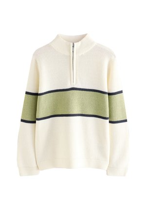 Strikket pullover i creme med højt krave og halv lynlås, med vandrette striber i grøn og marineblå. Tekstureret stof.