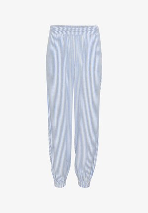 Pantalones de pijama a rayas en azul claro y blanco, hechos de tejido suave. Cintura elástica y puños recogidos en los tobillos.