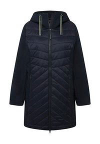 Cappotto zip-up blu navy con cappuccio, caratterizzato da un davanti trapuntato a motivo chevron e un retro uniforme. Include doppie tasche laterali e corde di contrasto.