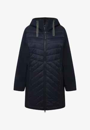 Cappotto zip-up blu navy con cappuccio, caratterizzato da un davanti trapuntato a motivo chevron e un retro uniforme. Include doppie tasche laterali e corde di contrasto.