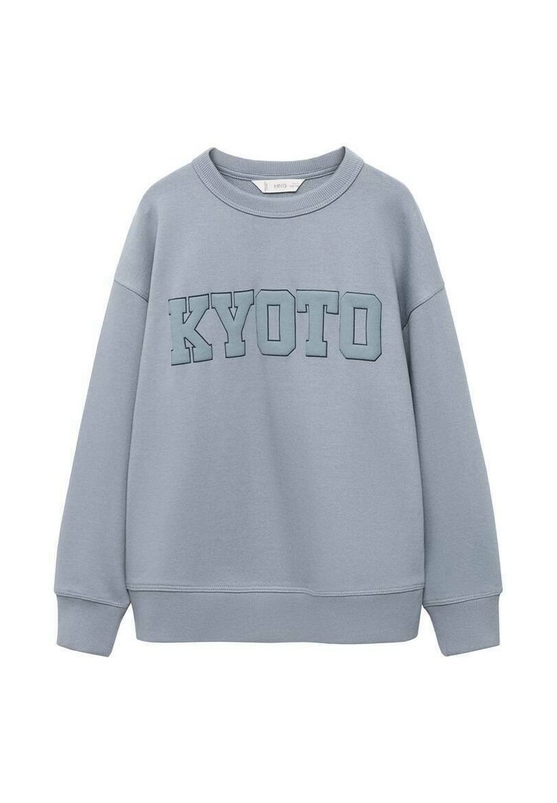 Felpa azzurra con scollo rotondo, caratterizzata dalla parola "KYOTO" in uno stile audace e in rilievo, stampata sulla parte anteriore. Materiale in cotone morbido.