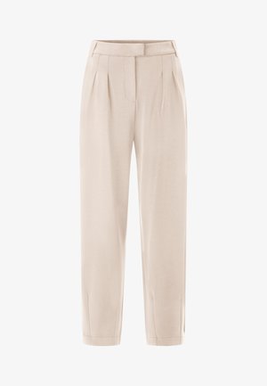Beige op maat gemaakte broeken met voorplooien, een zachte textuur, enkel lengte, zijzakken en een vlakke tailleband.