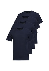 Vier dunkelblaue Baumwoll-T-Shirts, die in einem Stapel angeordnet sind. Jedes Shirt hat einen Rundhalsausschnitt und kurze Ärmel sowie eine glatte Textur.