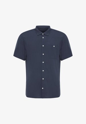 Námořnická modrá košile s krátkým rukávem na knoflíky, s límcem a jednou kapsou na prsou se bílým knoflíkem.