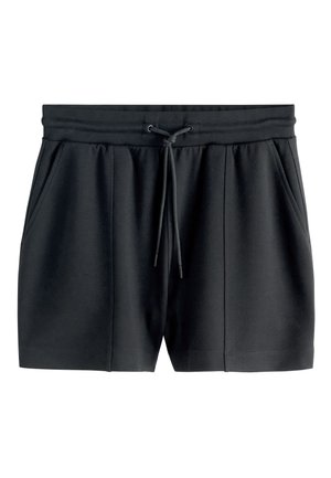 Sorte afslappede shorts med elastisk linning, justerbar snor, sidelommer og forreste syningdetaljer på hvid baggrund.