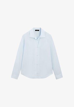 Camicia azzurro chiaro a maniche lunghe con bottoni, colletto classico e tasca singola sul petto, mostrata su uno sfondo bianco.