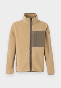 Beige Fleecejacke mit olivgrünem Brusttasche, durchgehendem Reißverschluss, langen Ärmeln und Stehkragen.