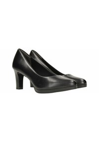 Black leather high-heeled shoes with a pointed toe design and textured heel. Smooth finish, with a sturdy sole and elegant silhouette.